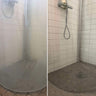 Före och efter rengöring av duschdörren. Badrumssåpa tar enkelt bort tvålrester, vattenspår och smuts för en klar och skinande yta. 