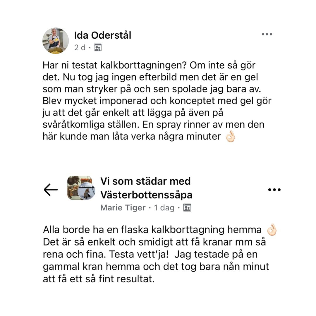 Två nöjda kunder delar sin positiva feedback efter att ha använt Västerbottenssåpans kalkborttagning.
