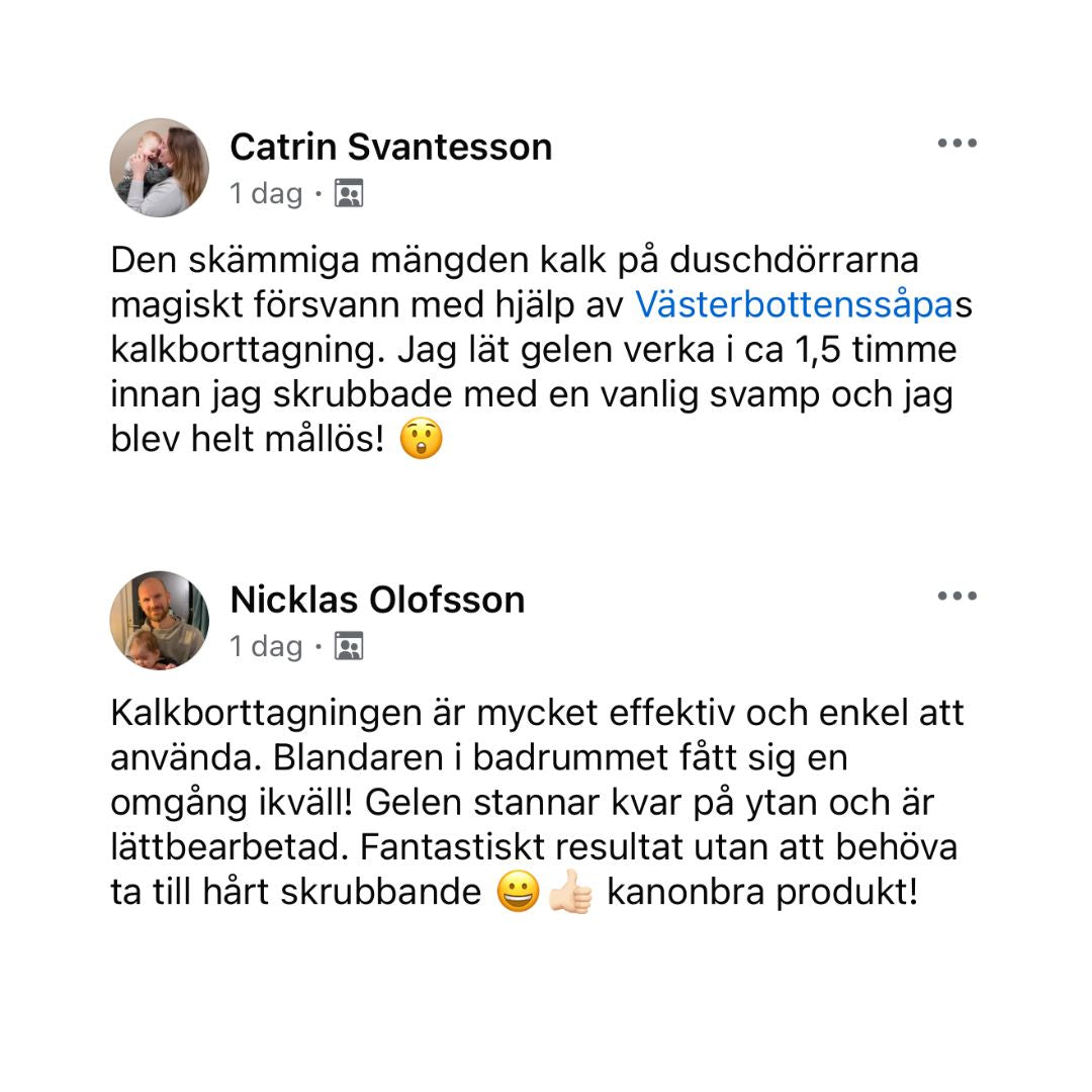 En bild som visar positiva omdömen från två nöjda kunder som har testat Västerbottenssåpans kalkborttagning.