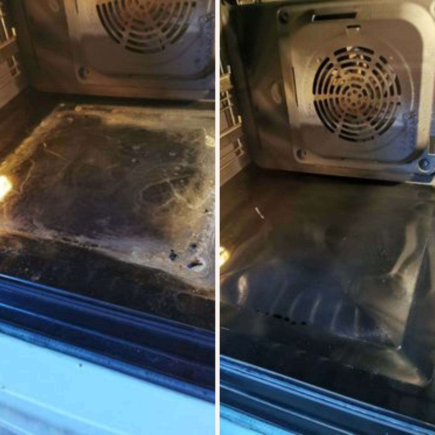 Före- och efterbild av en ugnsrengöring med den fasta såpan. Löser upp fett och smuts på ett naturligt och skonsamt sätt.